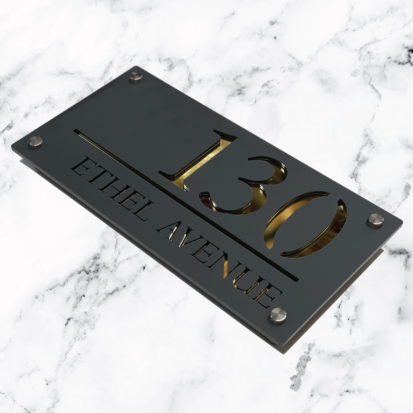 Deluxe Laser Cut Door Sign Plaque - Matt Grey and Gold Mirror