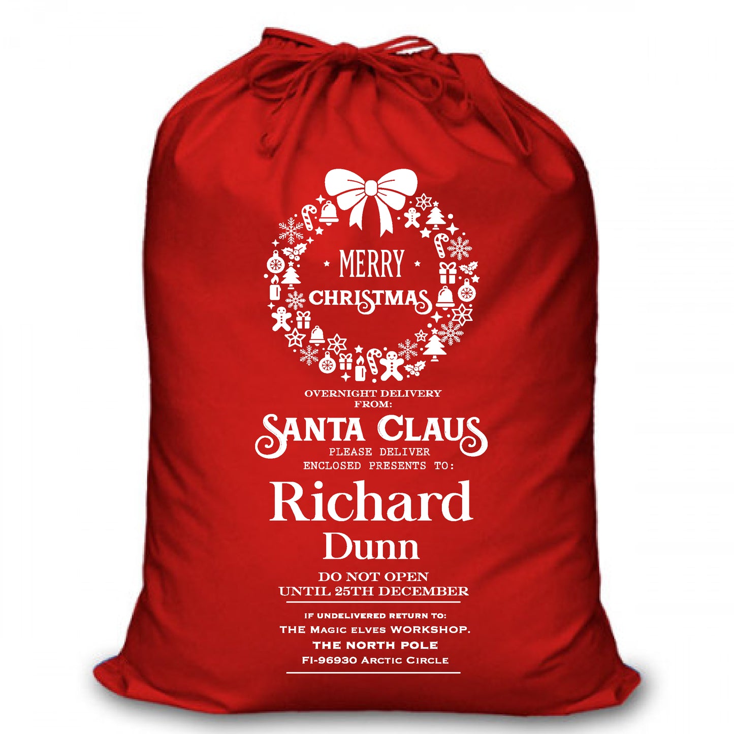 Personalised Red Christmas Santa Sack - Wreaths (RW)