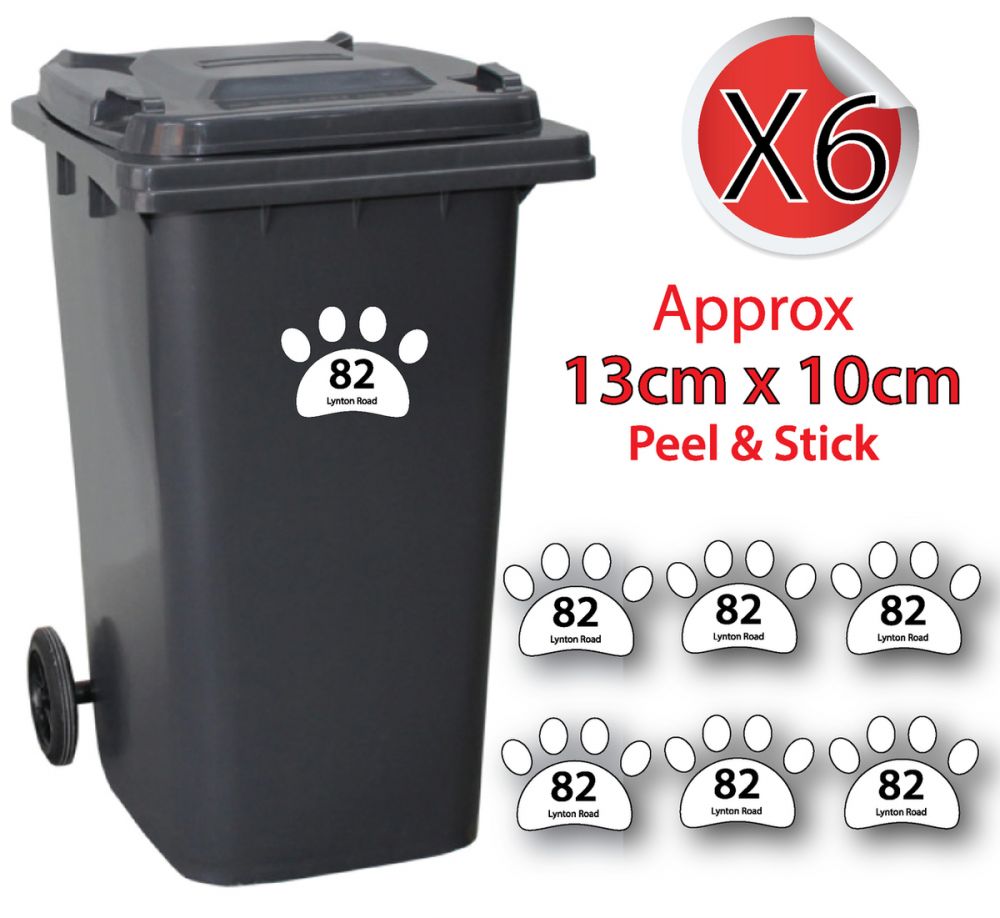 x6 Personalised House Number & Street Name Wheelie Bin Stickers (Cat Paws)