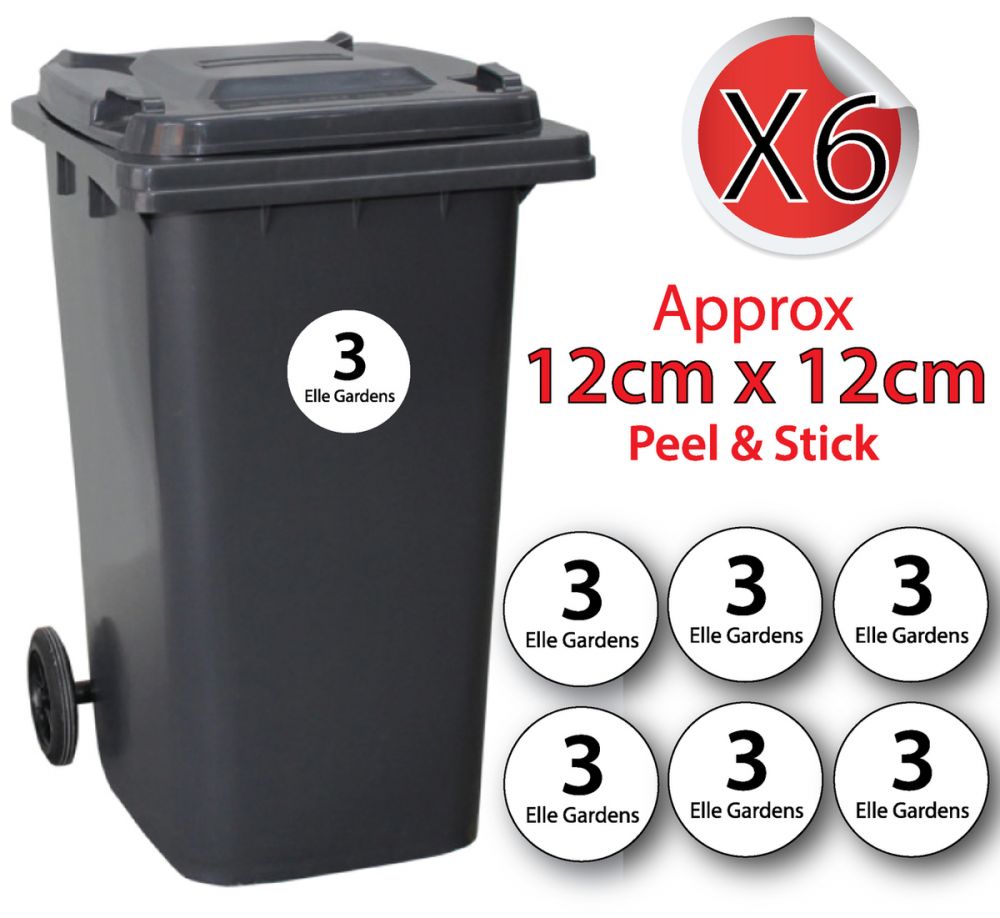 x6 Personalised House Number & Street Name Wheelie Bin Stickers (Round Circle)