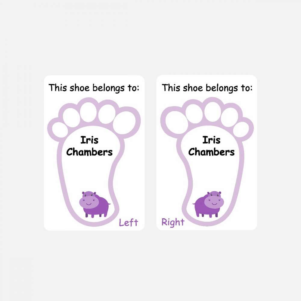 5 Pairs of Personalised Iron-on Name Shoe Labels - Hippo