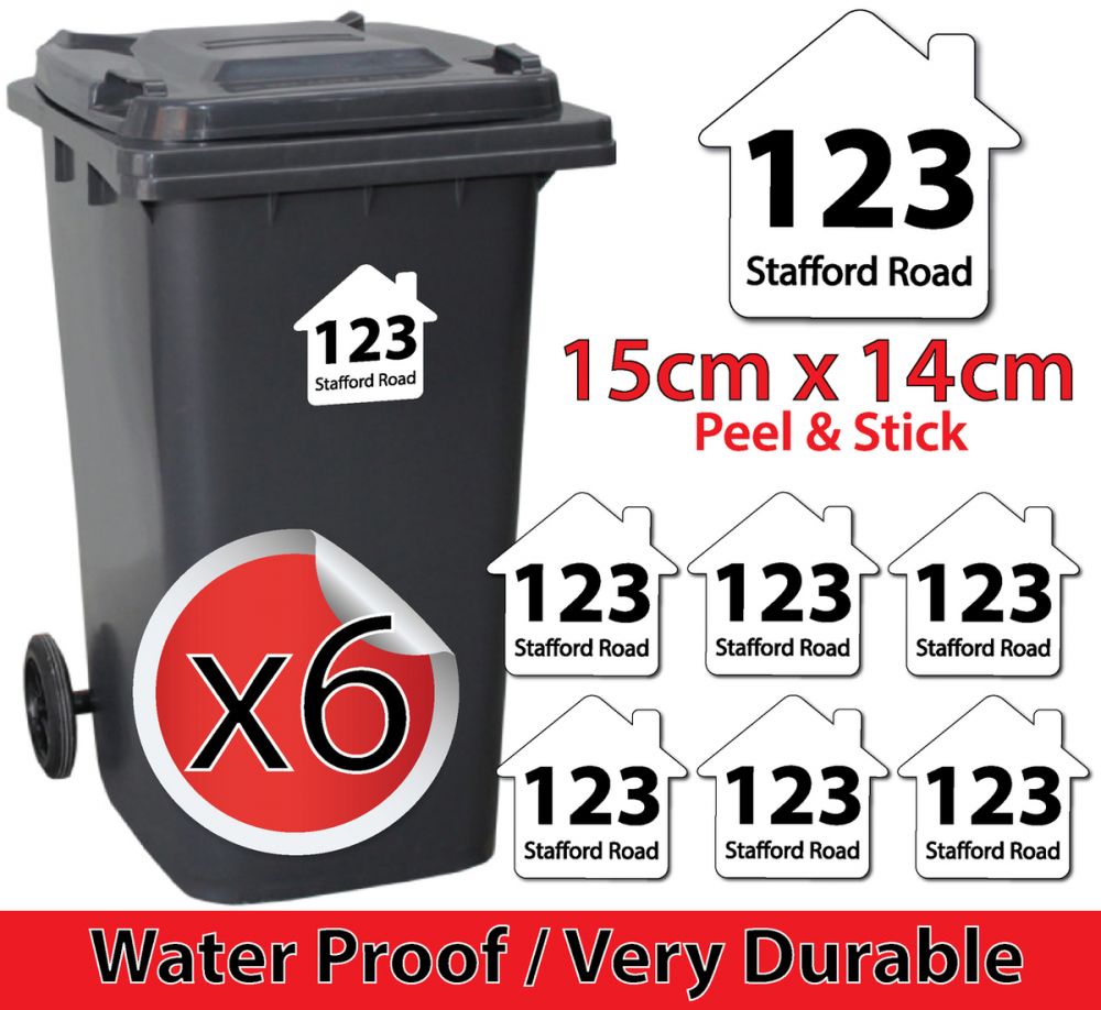 x6 Personalised House Number & Street Name Wheelie Bin Stickers (H1)