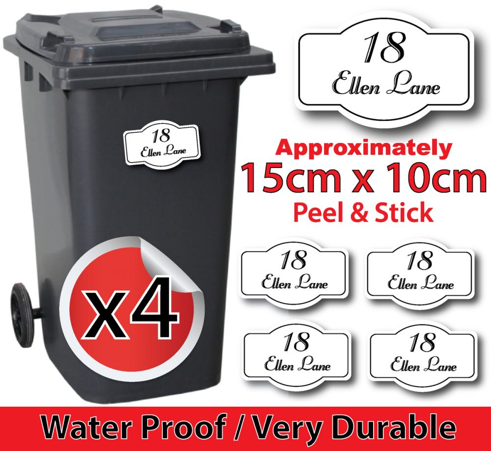 x4 Personalised Number & Street Name Wheelie Bin Stickers (Vintage longcurve688)