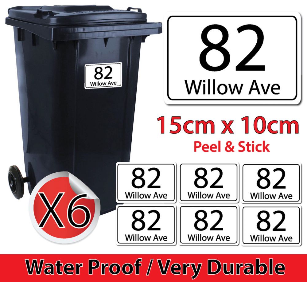 x6 Personalised House Number & Street Name Wheelie Bin Stickers (Rectangular)