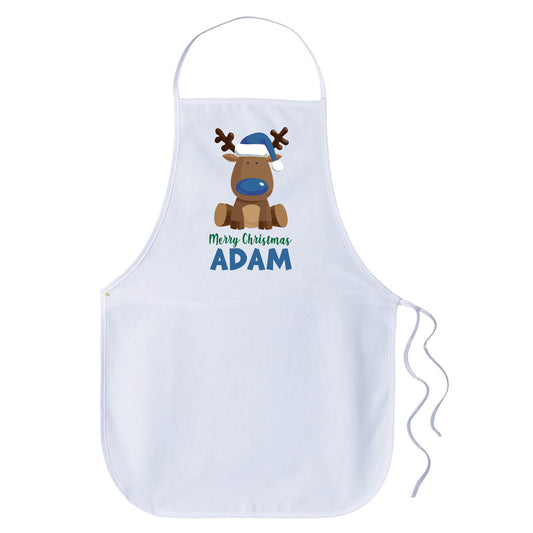 Children Christmas Personalised Name Apron - Reindeer Blue