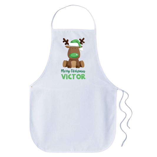 Children Christmas Personalised Name Apron - Reindeer Green