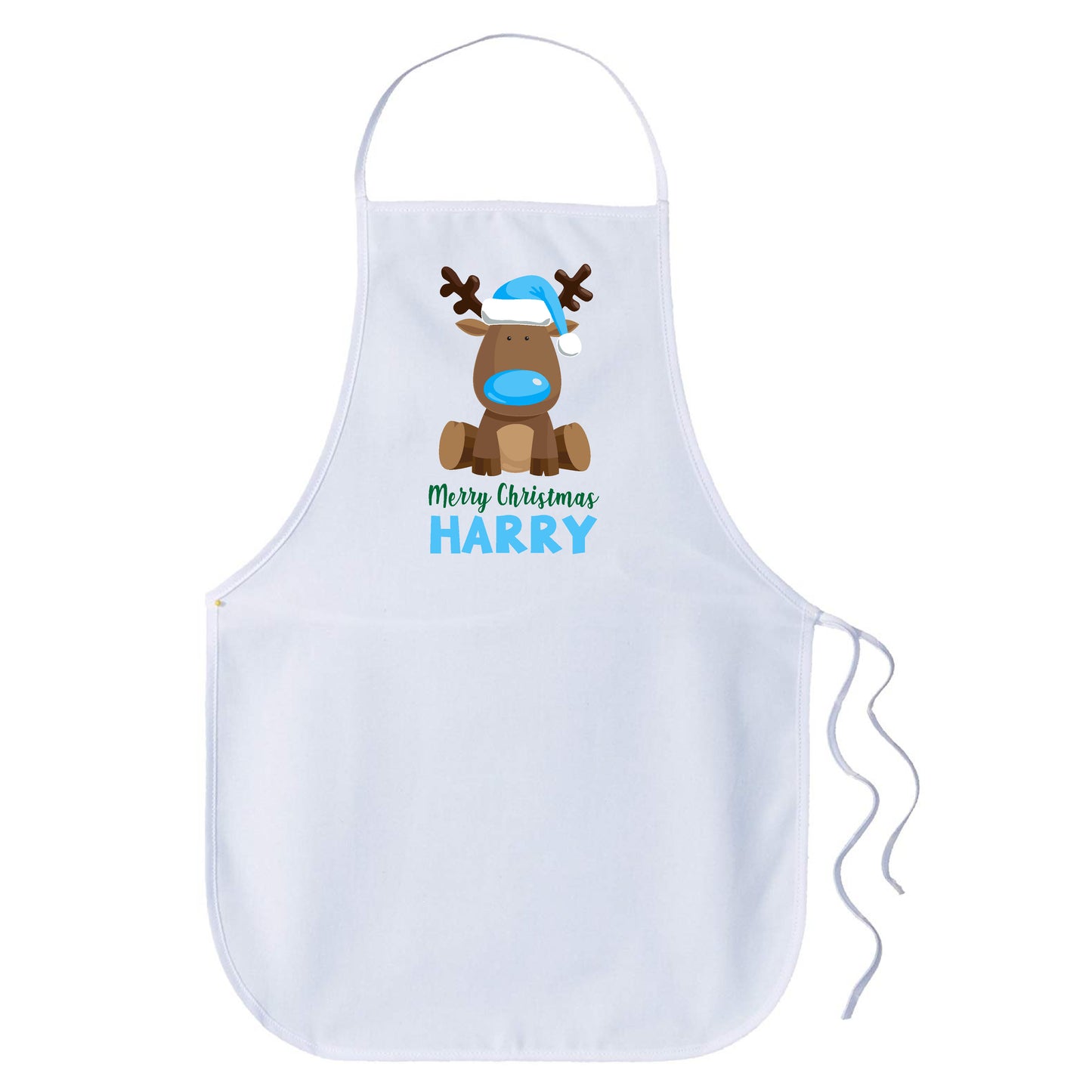 Children Christmas Personalised Name Apron - Reindeer Light Blue