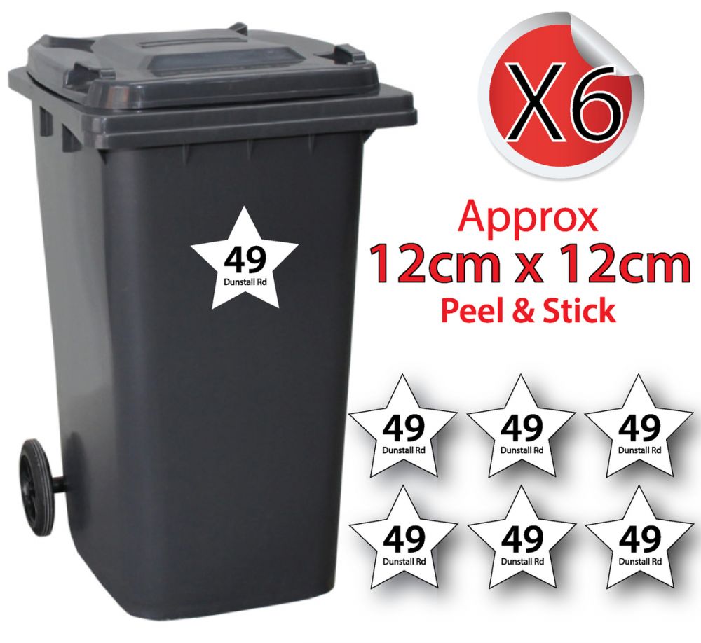 x6 Personalised House Number & Street Name Wheelie Bin Stickers (Star)