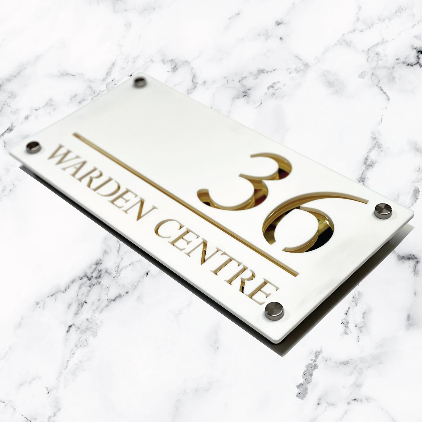 Deluxe Laser Cut Door Sign Plaque - Matt White and Gold Mirror