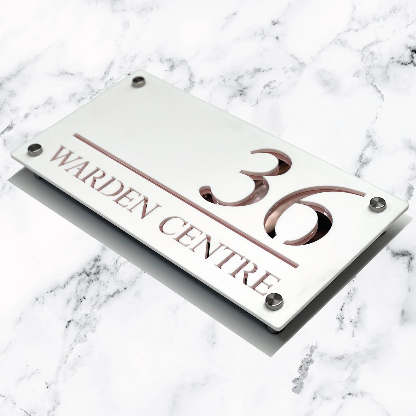 Deluxe Laser Cut Door Sign Plaque - Matt White and Rose Gold Mirror