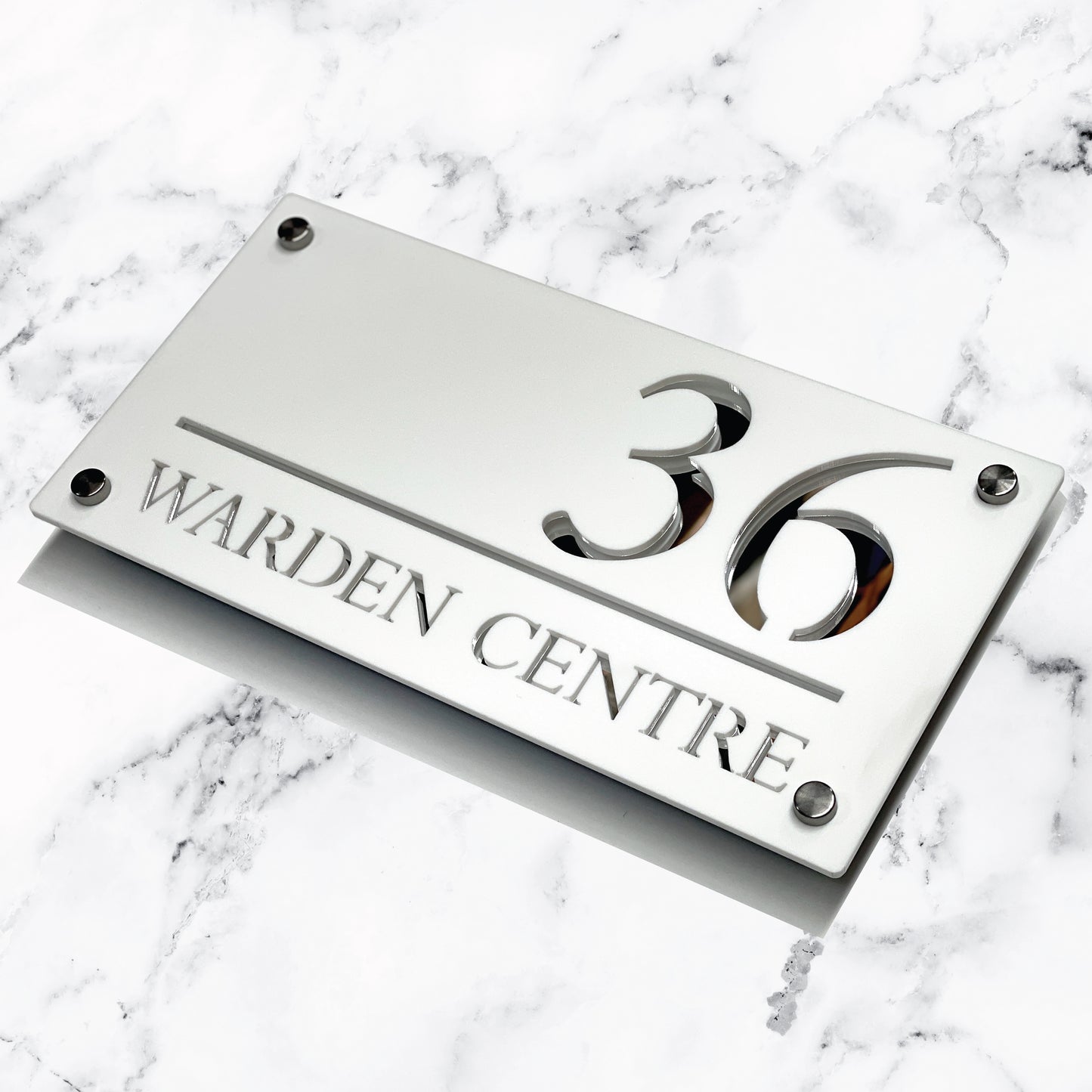 Deluxe Laser Cut Door Sign Plaque - Matt White and Silver Mirror